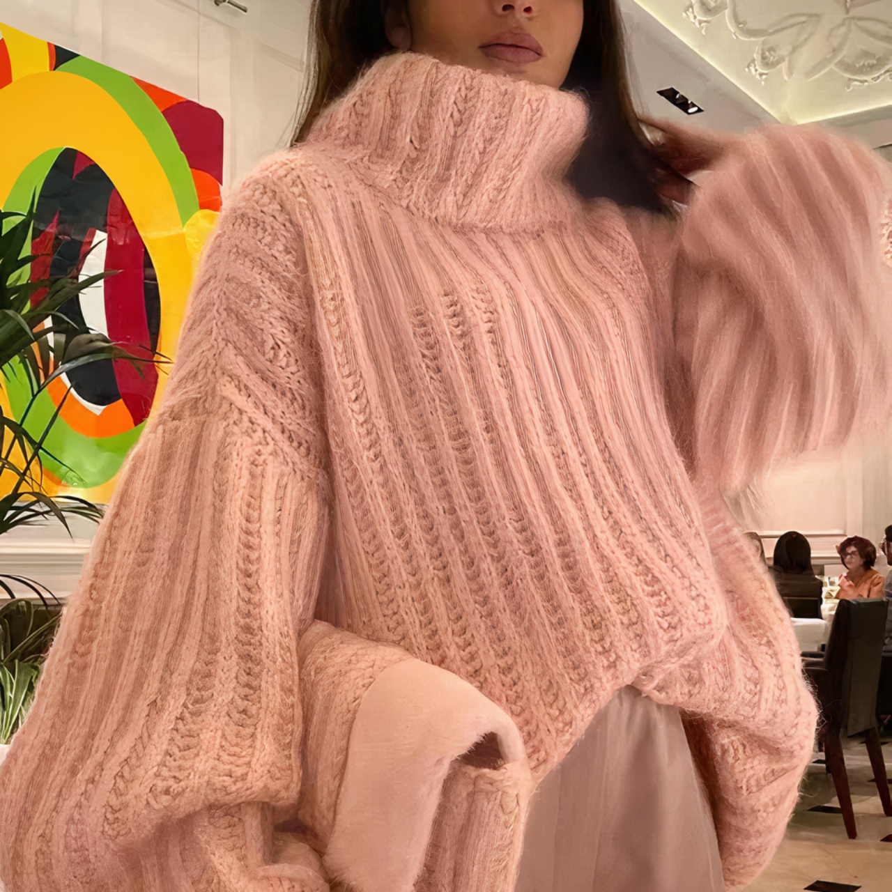 Yvette | Hyggelig fluffy striktrøje, luksuriøs rullekravetrøje