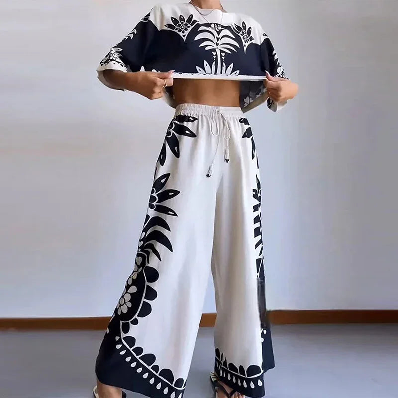 Amalia | Vintage print kvinders brede ben bukser og topsæt Elegant og hyggeligt