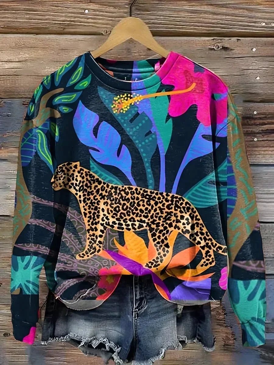 Birgit | Stilfuld sweater med print til kvinder inspireret af afrikanske store katte