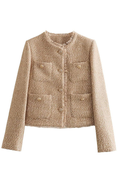 Grethe | Kvinders Camel Tweed-jakke – Flosset, kort jakke med o-hals