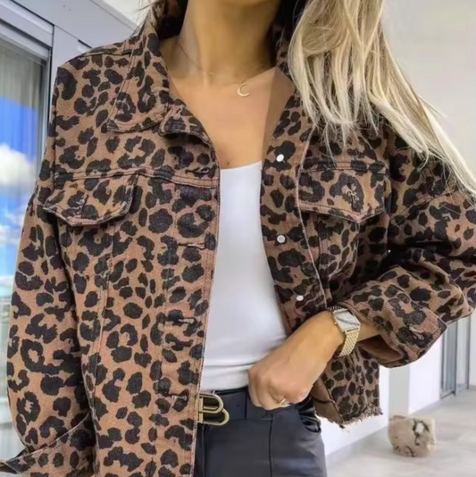 Lotte | Leopard Print Denim jakke Casual Kvinders Vintage frakke