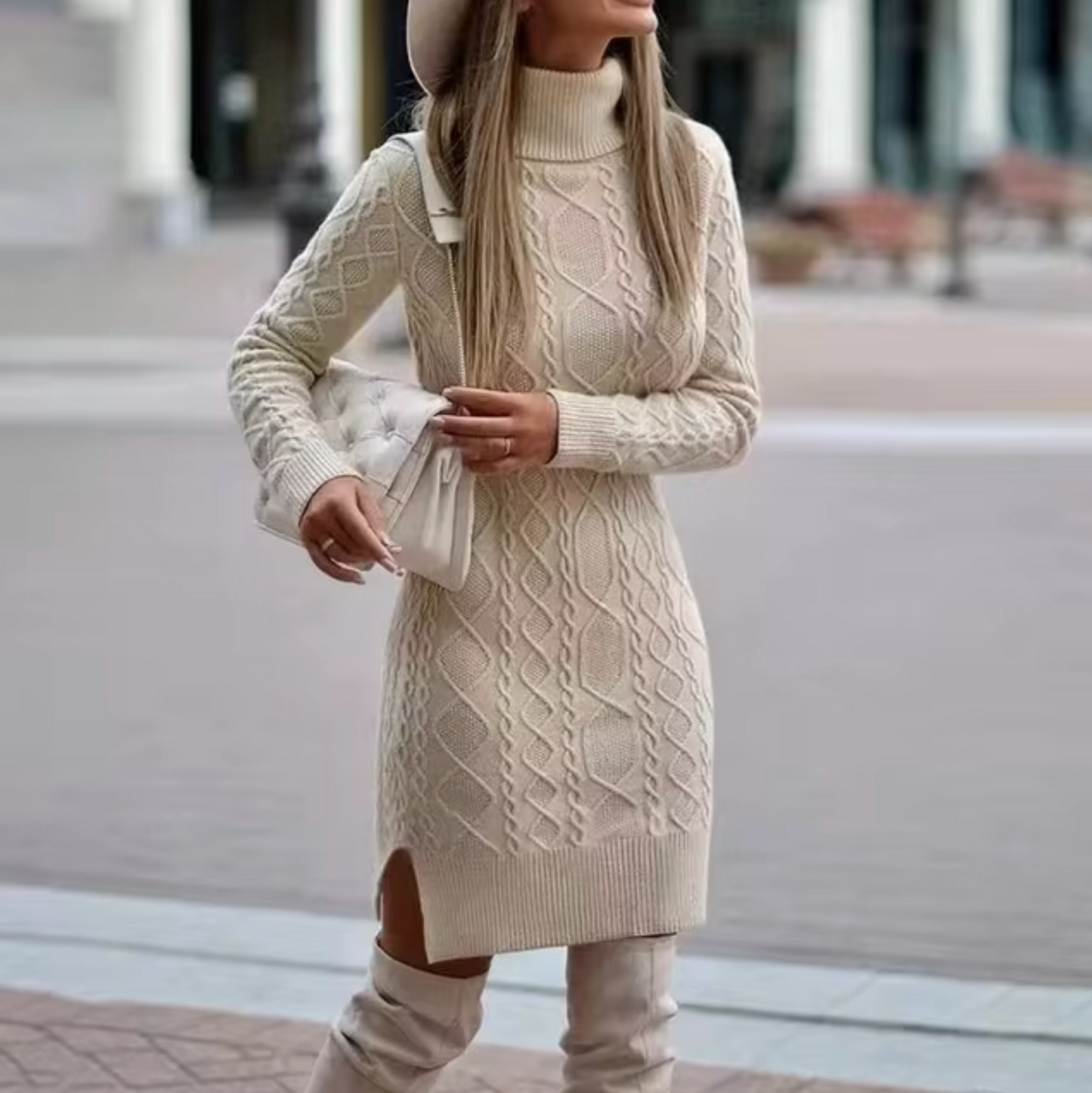 Eydis | Elegant strikket rullekrave sweater kjole til efterår/vinter