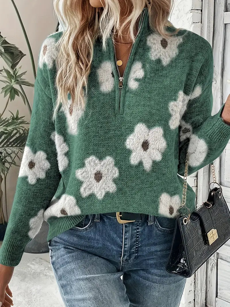 Jasmina | Blomsterstrikket sweater til kvinder med lynlås Elegant og hyggeligt efterår/vinter