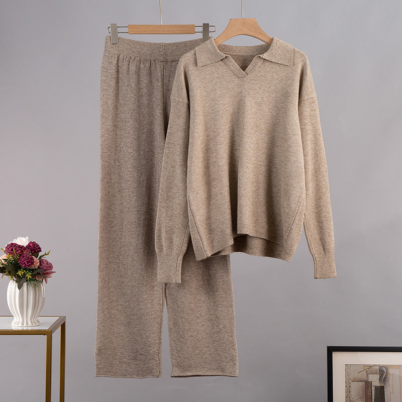 Viola-Marie | Strikket sweater til kvinder med polokrave og bukser med vidde ben