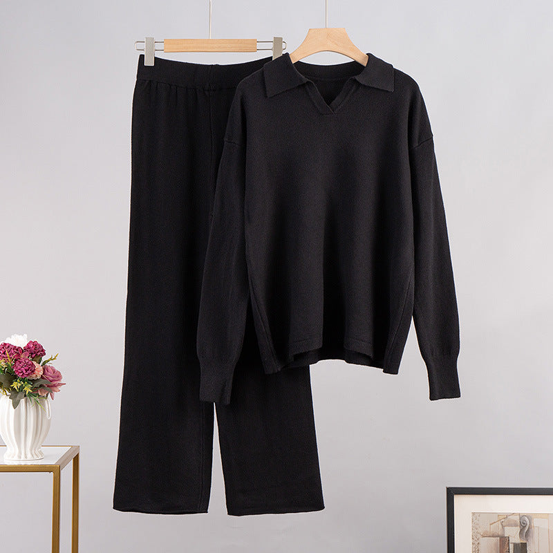 Viola-Marie | Strikket sweater til kvinder med polokrave og bukser med vidde ben