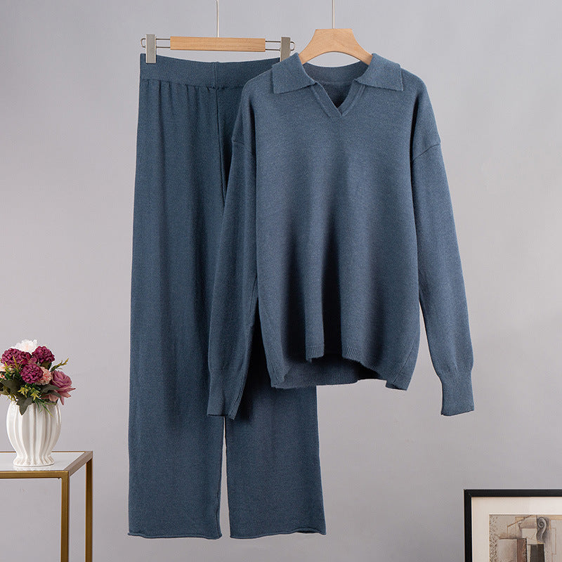 Viola-Marie | Strikket sweater til kvinder med polokrave og bukser med vidde ben