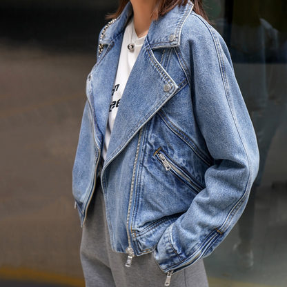 Lina | Vintage denimjakke til kvinder Stilfuld Moto Biker Coat