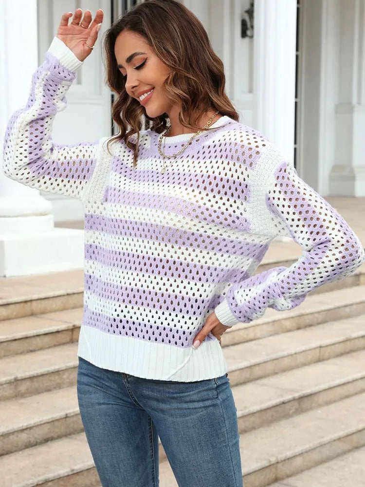 Helmine | Chic stribet sweater med elegant hæklet design