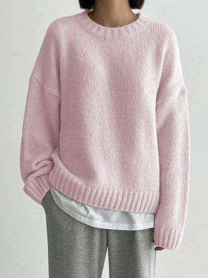 Aurora | Pink monokrom almindelig sweater til kvinder Elegant afslappet trøje til efteråret