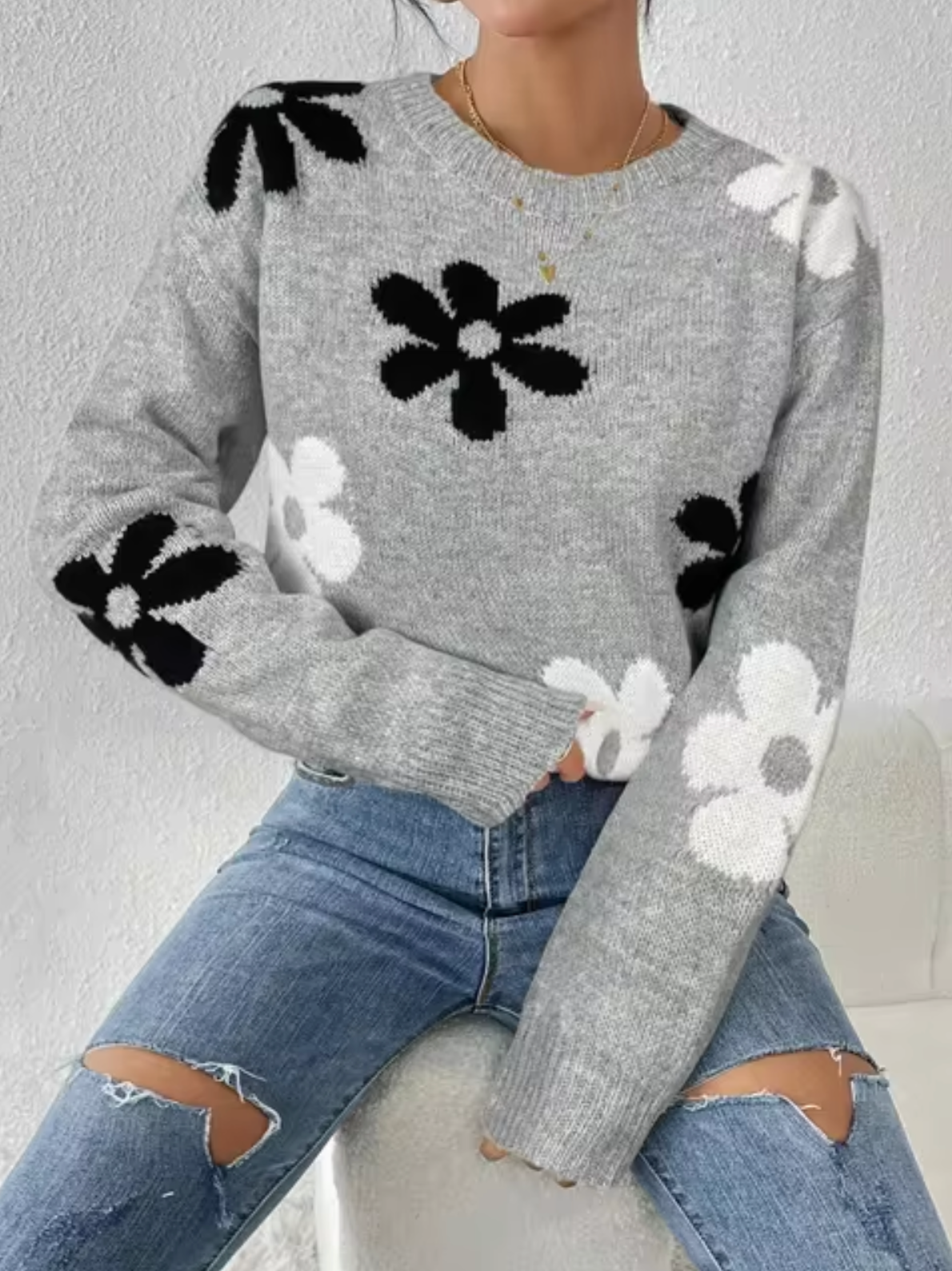 Gabriella | Blomsterstrikket sweater til hyggelig efterårs- og vinterstil