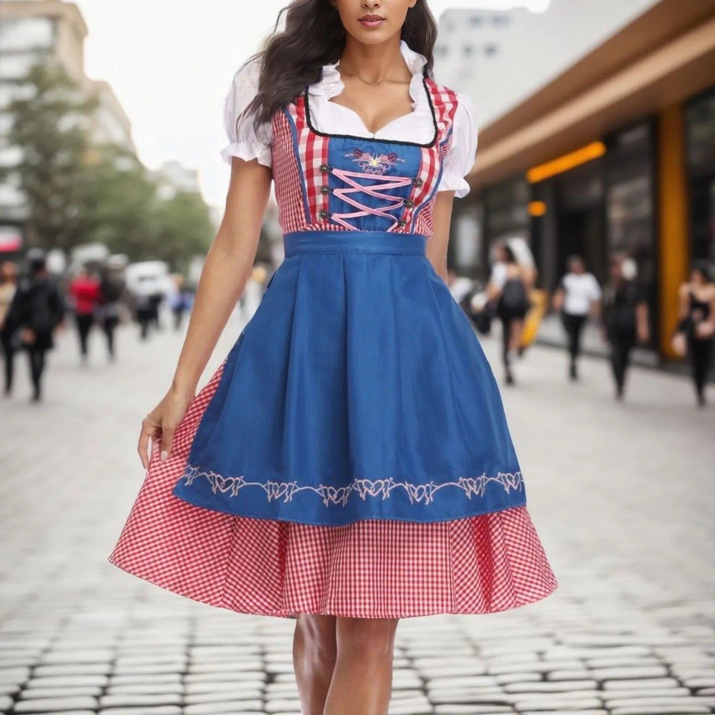 Tiffany - Oktoberfest dirndl med ternet mønster og korte ærmer